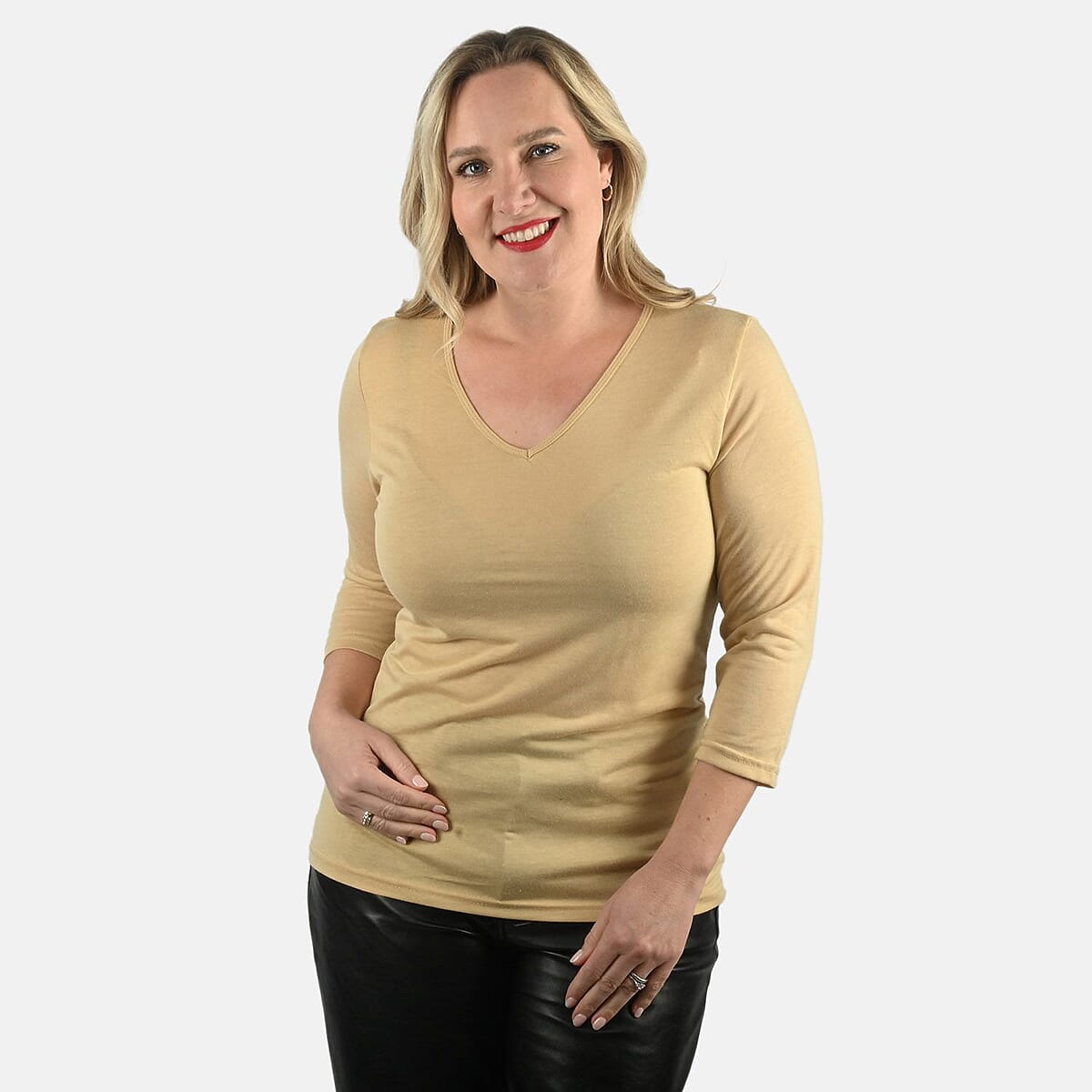 Set of 3 Navy, Khaki, White Cotton Blend V-Neck 3/4 Sleeve Shirts - XL image number 7