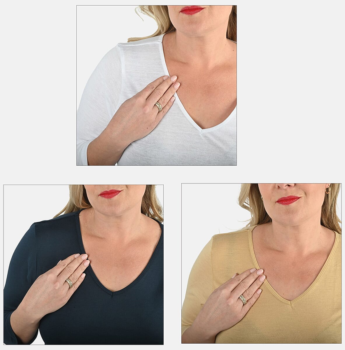 Set of 3 Navy, Khaki, White Cotton Blend V-Neck 3/4 Sleeve Shirts - XL image number 9