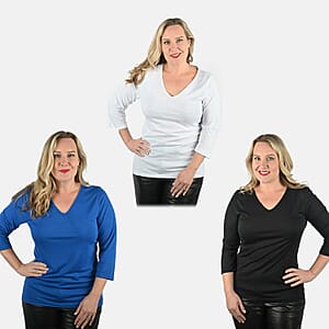Tamsy Set of 3 Black, Blue, White Cotton Blend V-Neck 3/4 Sleeve Shirts - M