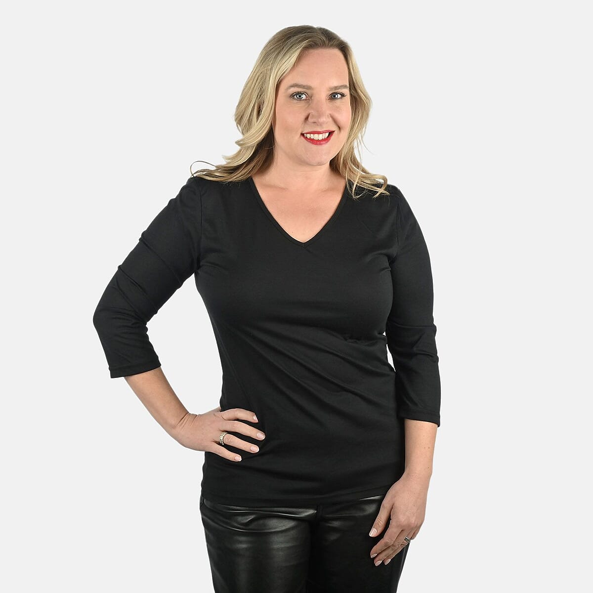 Tamsy Set of 3 Black, Blue, White Cotton Blend V-Neck 3/4 Sleeve Shirts - M image number 1