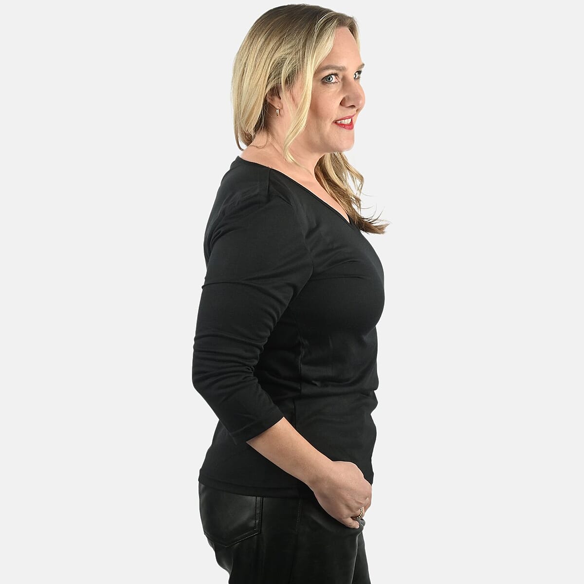 Tamsy Set of 3 Black, Blue, White Cotton Blend V-Neck 3/4 Sleeve Shirts - M image number 3