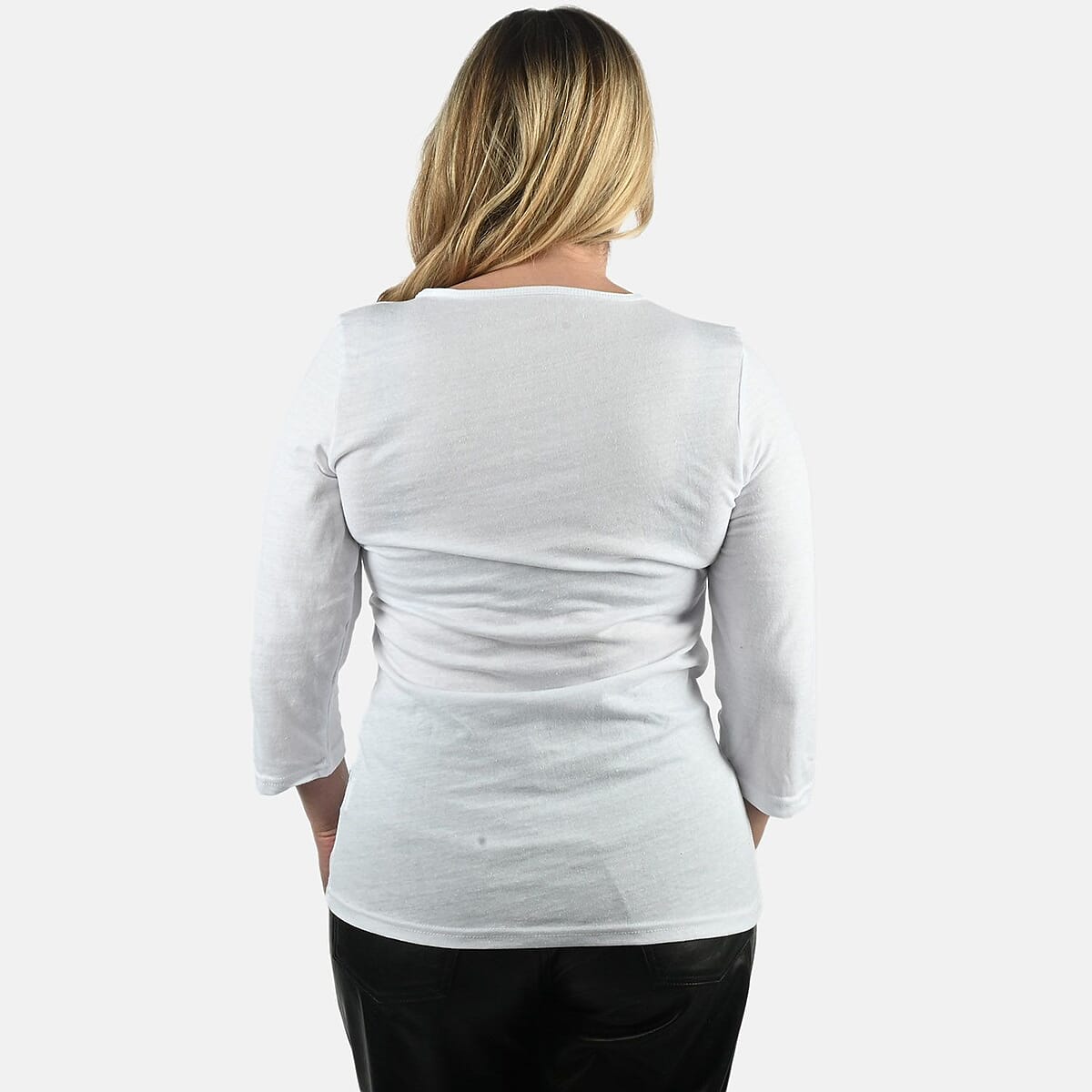 Tamsy Set of 3 Black, Blue, White Cotton Blend V-Neck 3/4 Sleeve Shirts - M image number 5