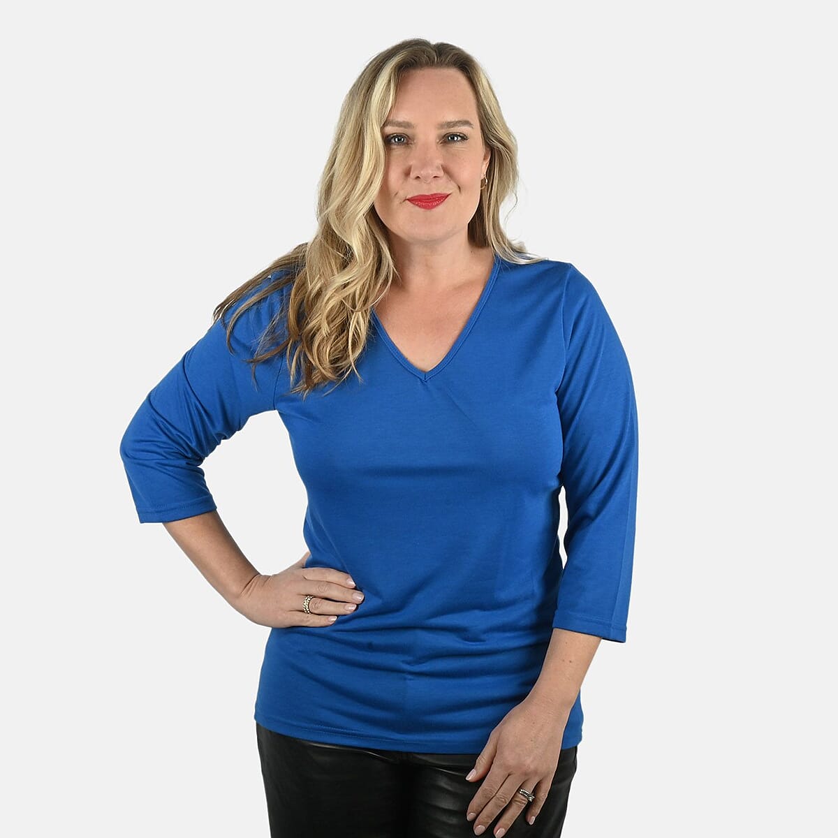 Tamsy Set of 3 Black, Blue, White Cotton Blend V-Neck 3/4 Sleeve Shirts - M image number 7