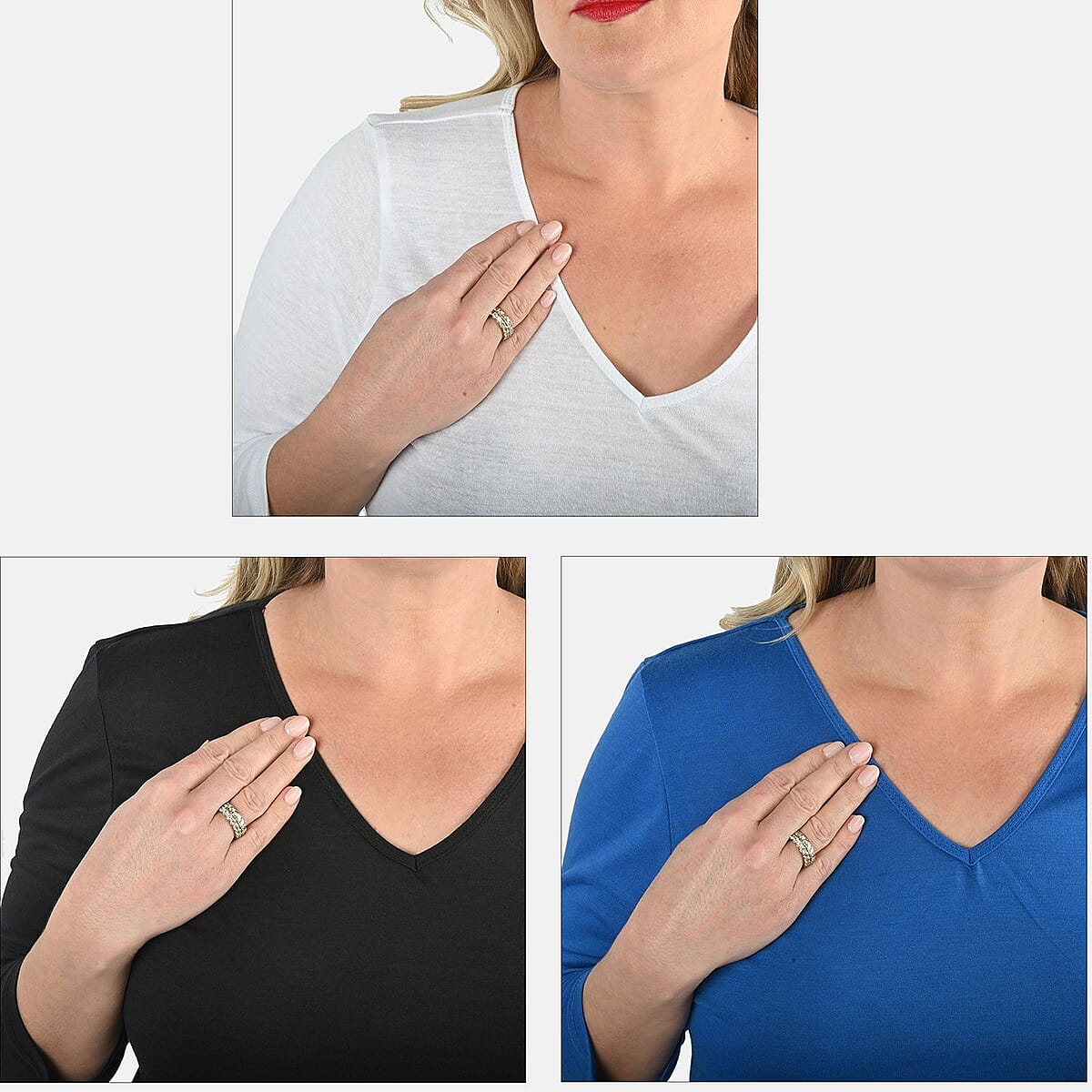 Tamsy Set of 3 Black, Blue, White Cotton Blend V-Neck 3/4 Sleeve Shirts - M image number 8