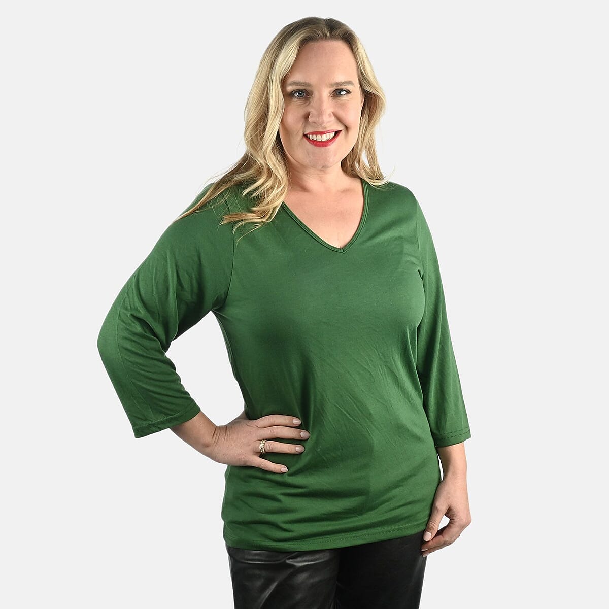 Tamsy Set of 3 Black, Wine, Olive Cotton Blend V-Neck 3/4 Sleeve Shirts - L image number 1