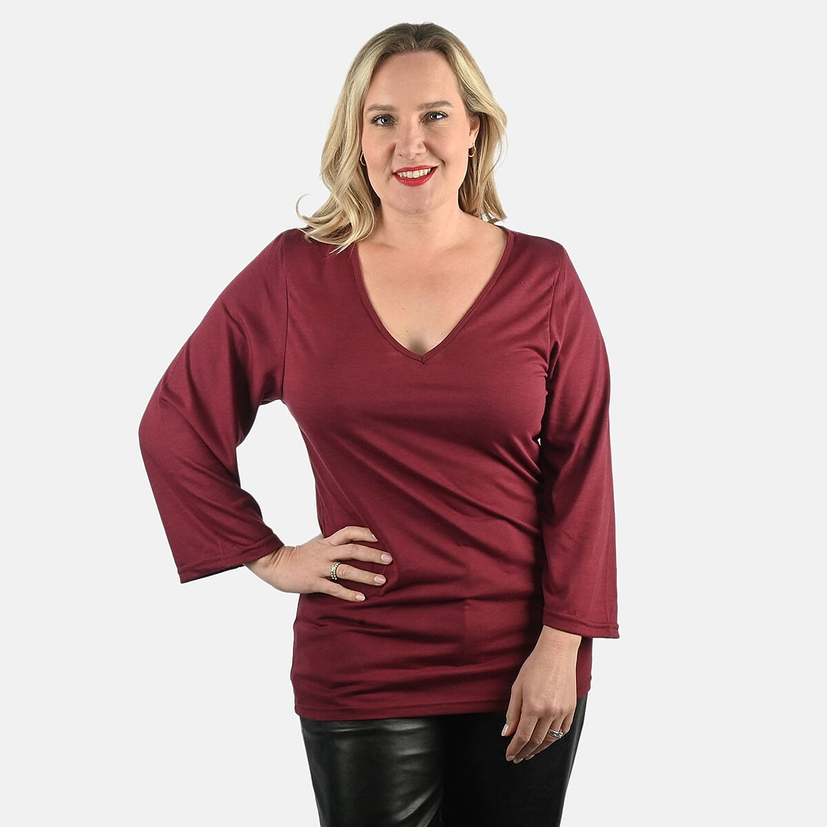 Tamsy Set of 3 Black, Wine, Olive Cotton Blend V-Neck 3/4 Sleeve Shirts - L image number 7