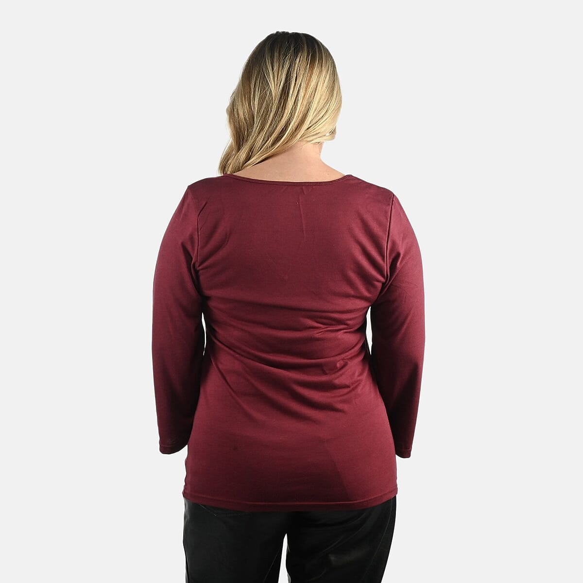 Tamsy Set of 3 Black, Wine, Olive Cotton Blend V-Neck 3/4 Sleeve Shirts - L image number 8