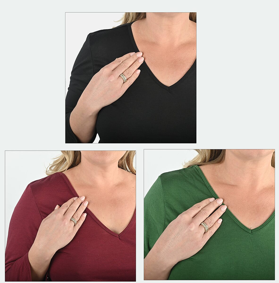 Tamsy Set of 3 Black, Wine, Olive Cotton Blend V-Neck 3/4 Sleeve Shirts - L image number 9