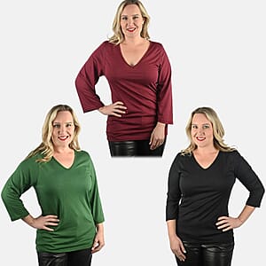 Tamsy Set of 3 Black, Wine , Olive Cotton Blend V-Neck 3/4 Sleeve Shirts - XL