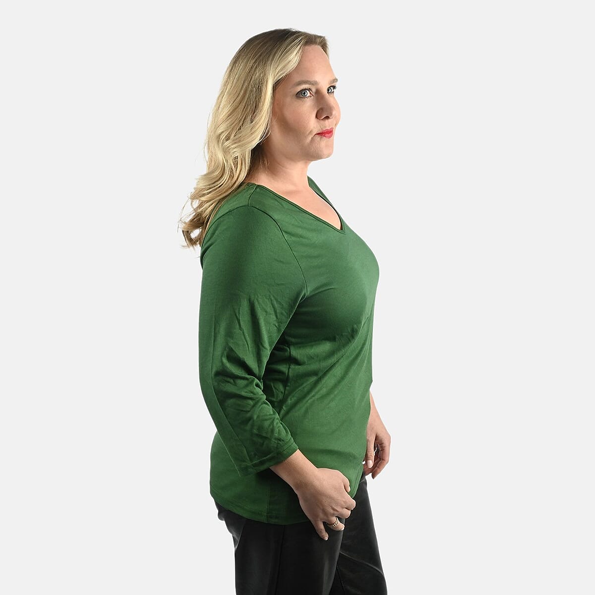 Tamsy Set of 3 Black, Wine , Olive Cotton Blend V-Neck 3/4 Sleeve Shirts - XL image number 3