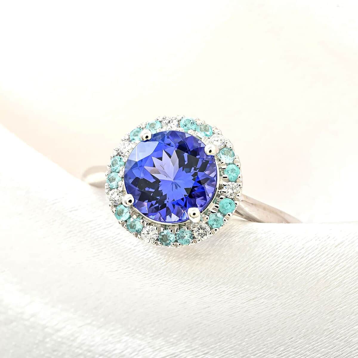 Certified & Appraised Rhapsody AAAA Tanzanite, Paraiba Tourmaline and E-F VS Diamond 2.15 ctw Ring in 950 Platinum (Size 10.0) 6.35 Grams image number 1