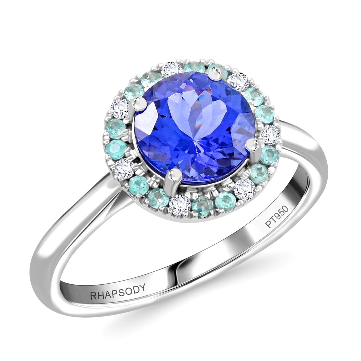 Certified & Appraised Rhapsody AAAA Tanzanite, Paraiba Tourmaline and E-F VS Diamond 2.15 ctw Ring in 950 Platinum (Size 7.0) 6.35 Grams image number 0
