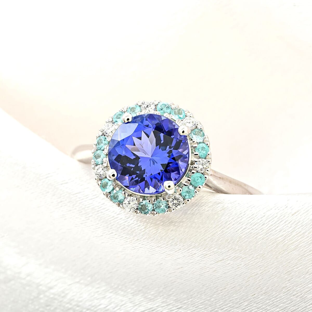 Certified & Appraised Rhapsody AAAA Tanzanite, Paraiba Tourmaline and E-F VS Diamond 2.15 ctw Ring in 950 Platinum (Size 7.0) 6.35 Grams image number 1