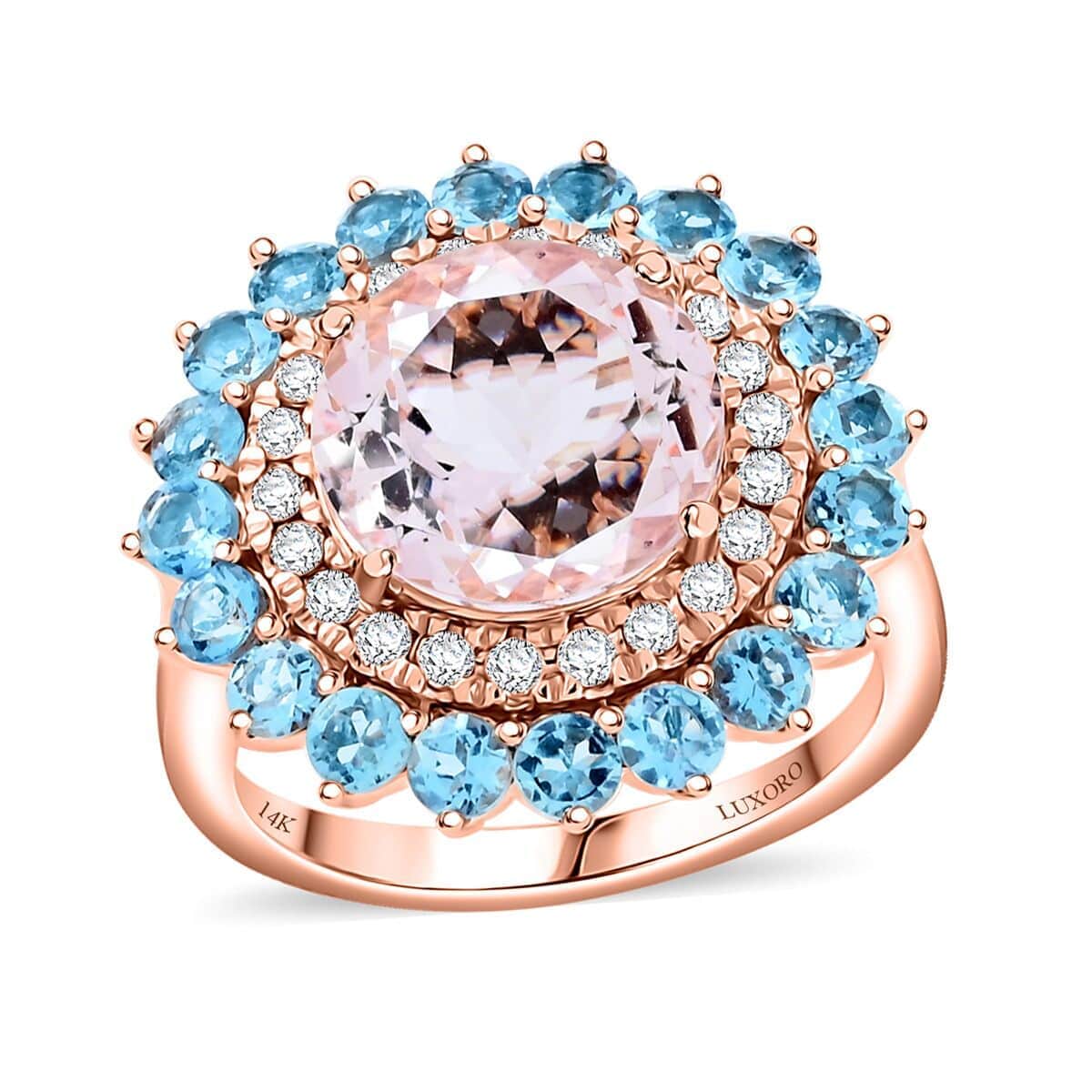 Certified & Appraised Luxoro AAA Celestial Pink Morganite, Santa Maria Aquamarine and G-H I2 Diamond 5.15 ctw Floral Ring in 14K Rose Gold (Size 10.0) 6.20 Grams image number 0