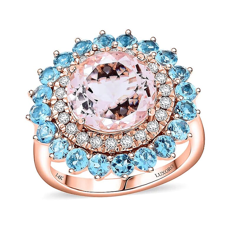 Certified and Appraised Luxoro AAA Celestial Morganite, Santa Maria Aquamarine, G-H,I2 Diamond Floral Ring in 14K Rose Gold 5.15 ctw (Size 10.0)