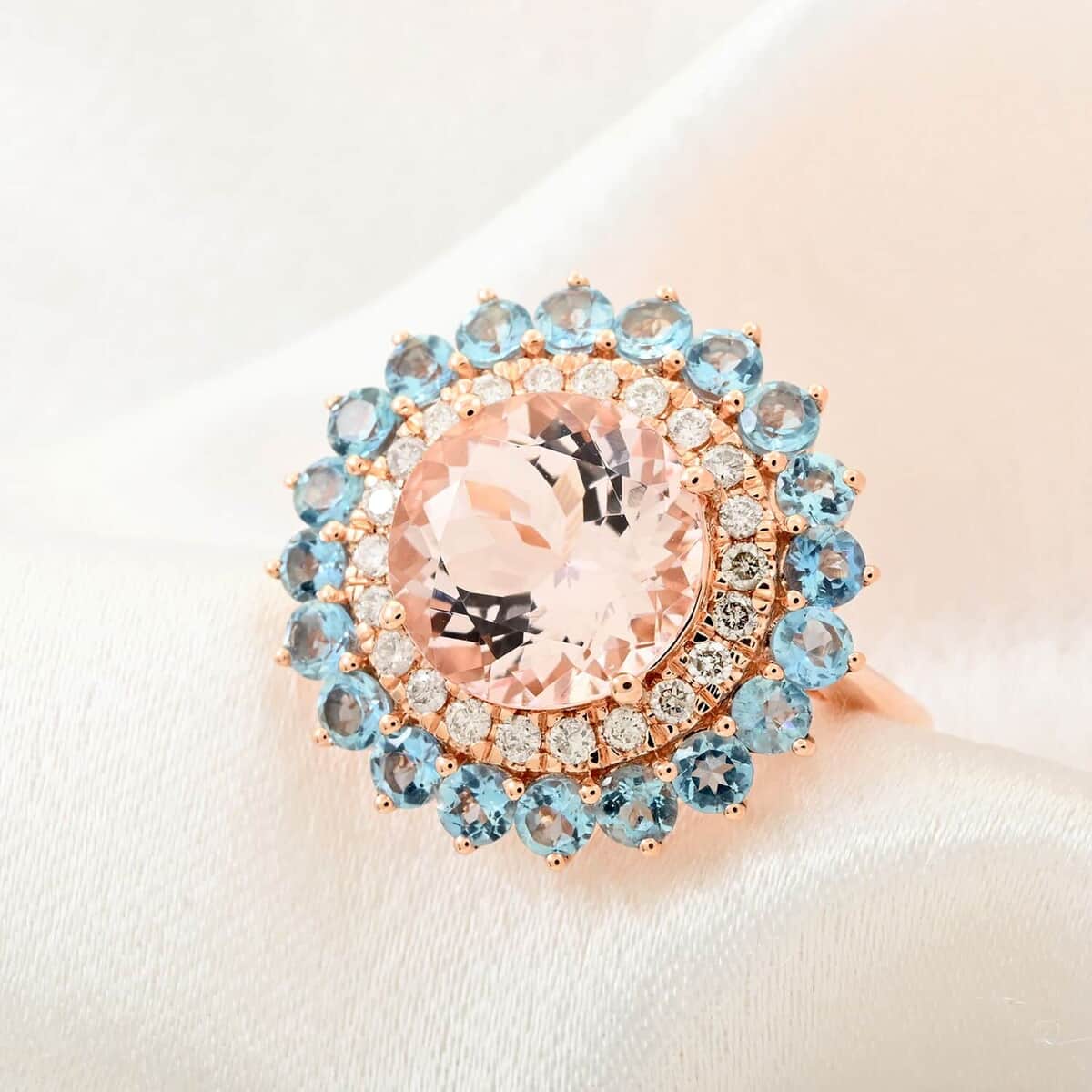 Certified & Appraised Luxoro AAA Celestial Pink Morganite, Santa Maria Aquamarine and G-H I2 Diamond 5.15 ctw Floral Ring in 14K Rose Gold (Size 10.0) 6.20 Grams image number 1