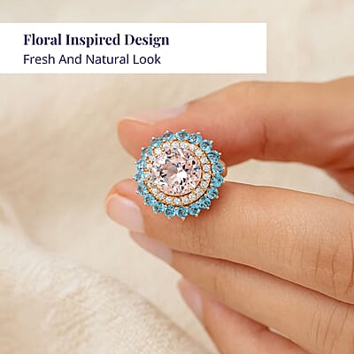 Certified and Appraised Luxoro AAA Celestial Morganite, Santa Maria Aquamarine, G-H,I2 Diamond Floral Ring in 14K Rose Gold 5.15 ctw (Size 10.0)