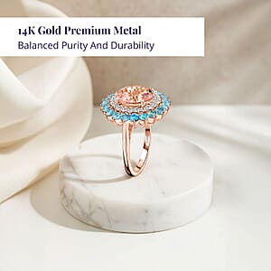  Luxoro AAA Celestial Pink Morganite, Santa Maria Aquamarine and G-H I2 Diamond 5.15 ctw Floral Ring in 14K Rose Gold (Size 7.0) 6.20 Grams