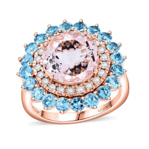 Certified & Appraised Luxoro AAA Celestial Pink Morganite, Santa Maria Aquamarine and G-H I2 Diamond 5.15 ctw Floral Ring in 14K Rose Gold (Size 9.0) 6.20 Grams
