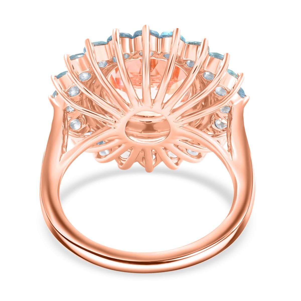 Certified & Appraised Luxoro AAA Celestial Pink Morganite, Santa Maria Aquamarine and G-H I2 Diamond 5.15 ctw Floral Ring in 14K Rose Gold (Size 9.0) 6.20 Grams image number 4