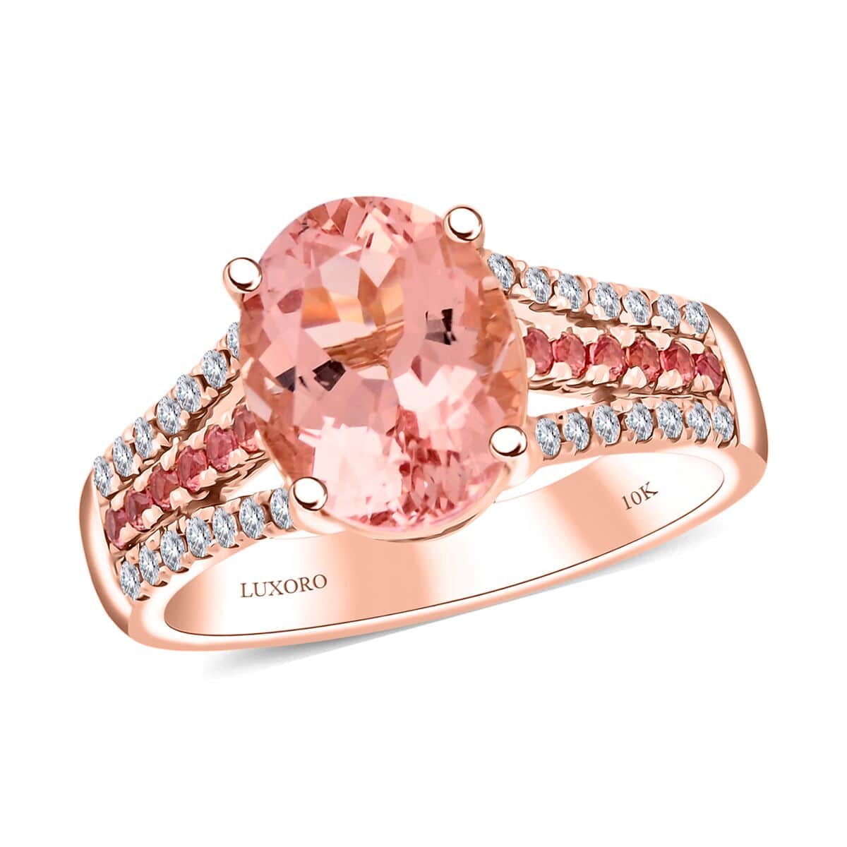 Certified & Appraised Luxoro AAA Pink Morganite, Padparadscha Sapphire and G-H I2 Diamond 3.00 ctw Ring in 10K Rose Gold (Size 6.0) 4.35 Grams image number 0