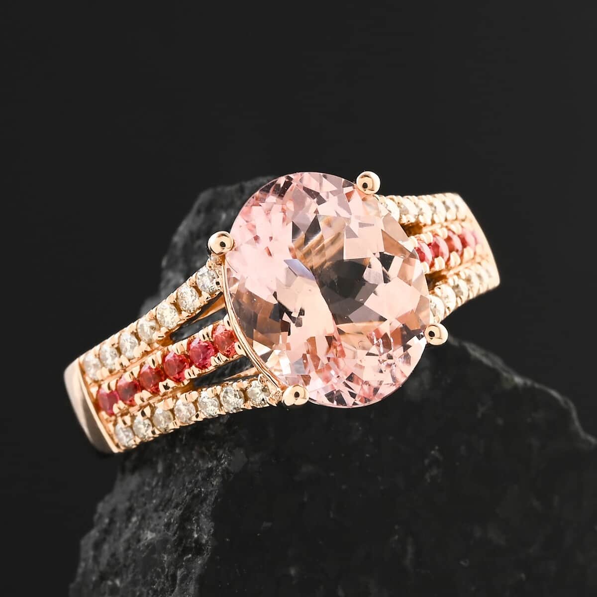 Certified & Appraised Luxoro AAA Pink Morganite, Padparadscha Sapphire and G-H I2 Diamond 3.00 ctw Ring in 10K Rose Gold (Size 6.0) 4.35 Grams image number 1