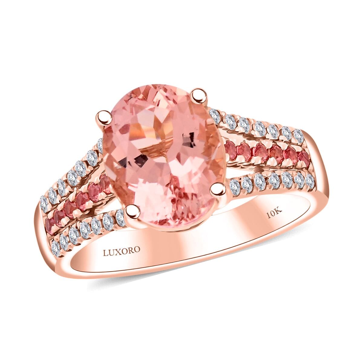 Certified & Appraised Luxoro AAA Pink Morganite, Padparadscha Sapphire and G-H I2 Diamond 3.00 ctw Ring in 10K Rose Gold (Size 9.0) 4.35 Grams image number 0