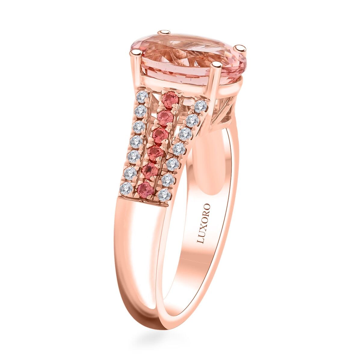 Certified & Appraised Luxoro AAA Pink Morganite, Padparadscha Sapphire and G-H I2 Diamond 3.00 ctw Ring in 10K Rose Gold (Size 9.0) 4.35 Grams image number 3