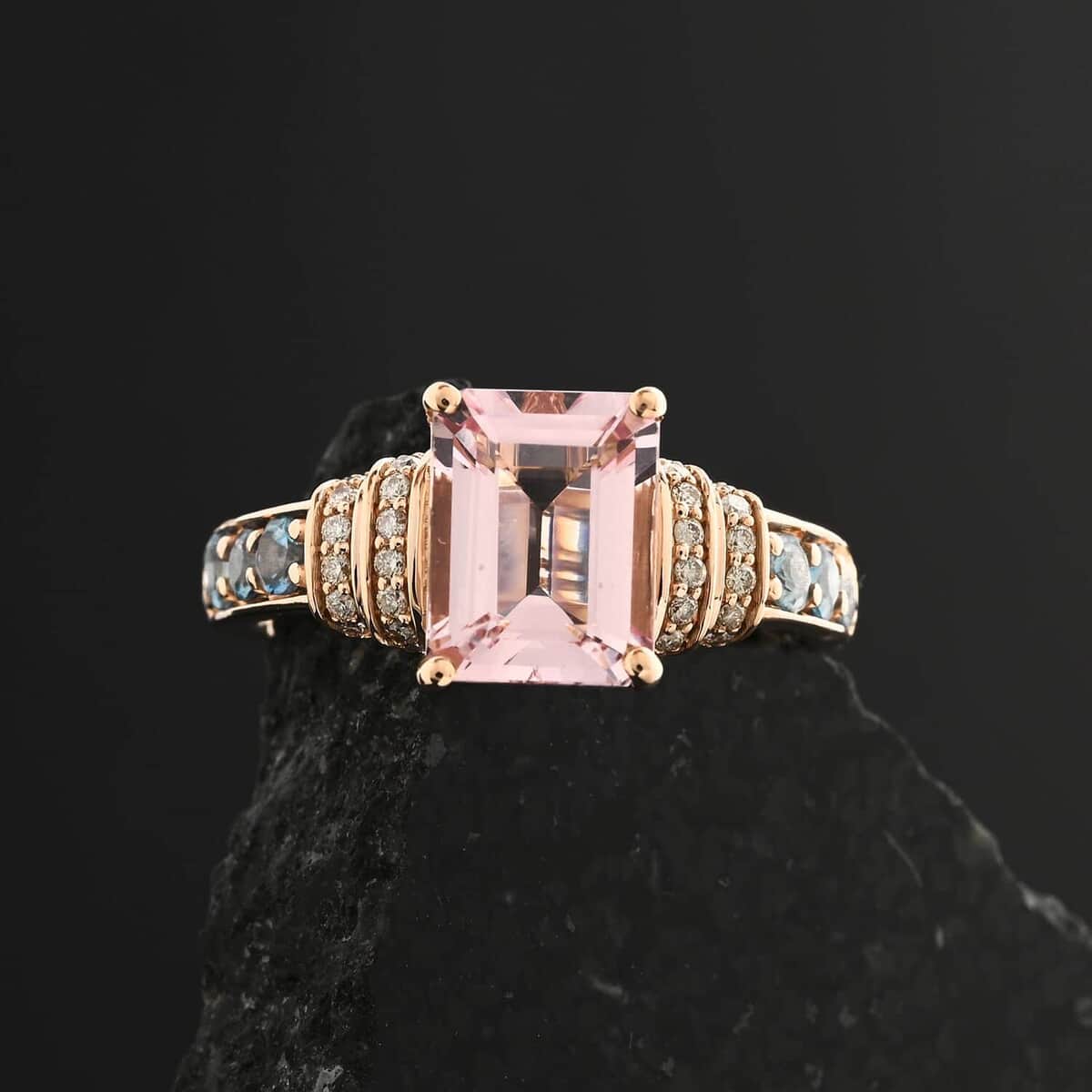 Certified & Appraised Luxoro 10K Rose Gold AAA Pink Morganite, Santa Maria Aquamarine, Diamond (G-H, I2) (0.17 cts) Ring (Size 10.0) (4.15 g) 2.75 ctw image number 1