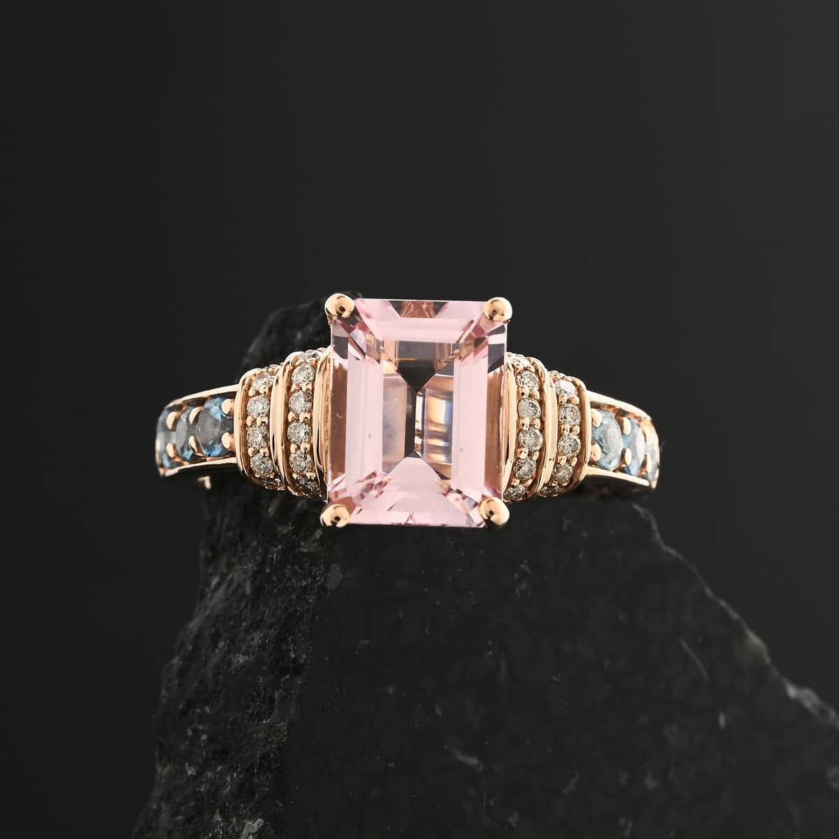 Certified & Appraised Luxoro AAA Pink Morganite, Santa Maria Aquamarine and G-H I2 Diamond 2.75 ctw Ring in 10K Rose Gold (Size 7.0) 4.15 Grams image number 1