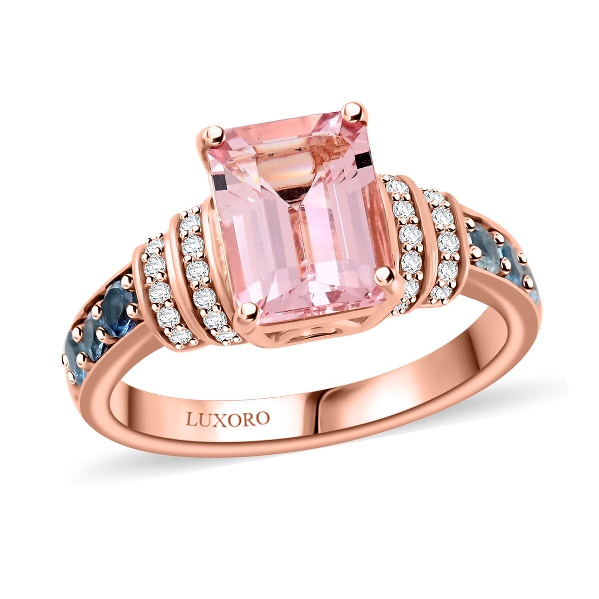 Certified & Appraised Luxoro AAA Pink Morganite, Santa Maria Aquamarine and G-H I2 Diamond 2.75 ctw Ring in 10K Rose Gold (Size 8.0) 4.15 Grams image number 0