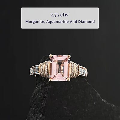 Certified & Appraised Luxoro AAA Pink Morganite, Santa Maria Aquamarine and G-H I2 Diamond 2.75 ctw Ring in 10K Rose Gold (Size 8.0) 4.15 Grams