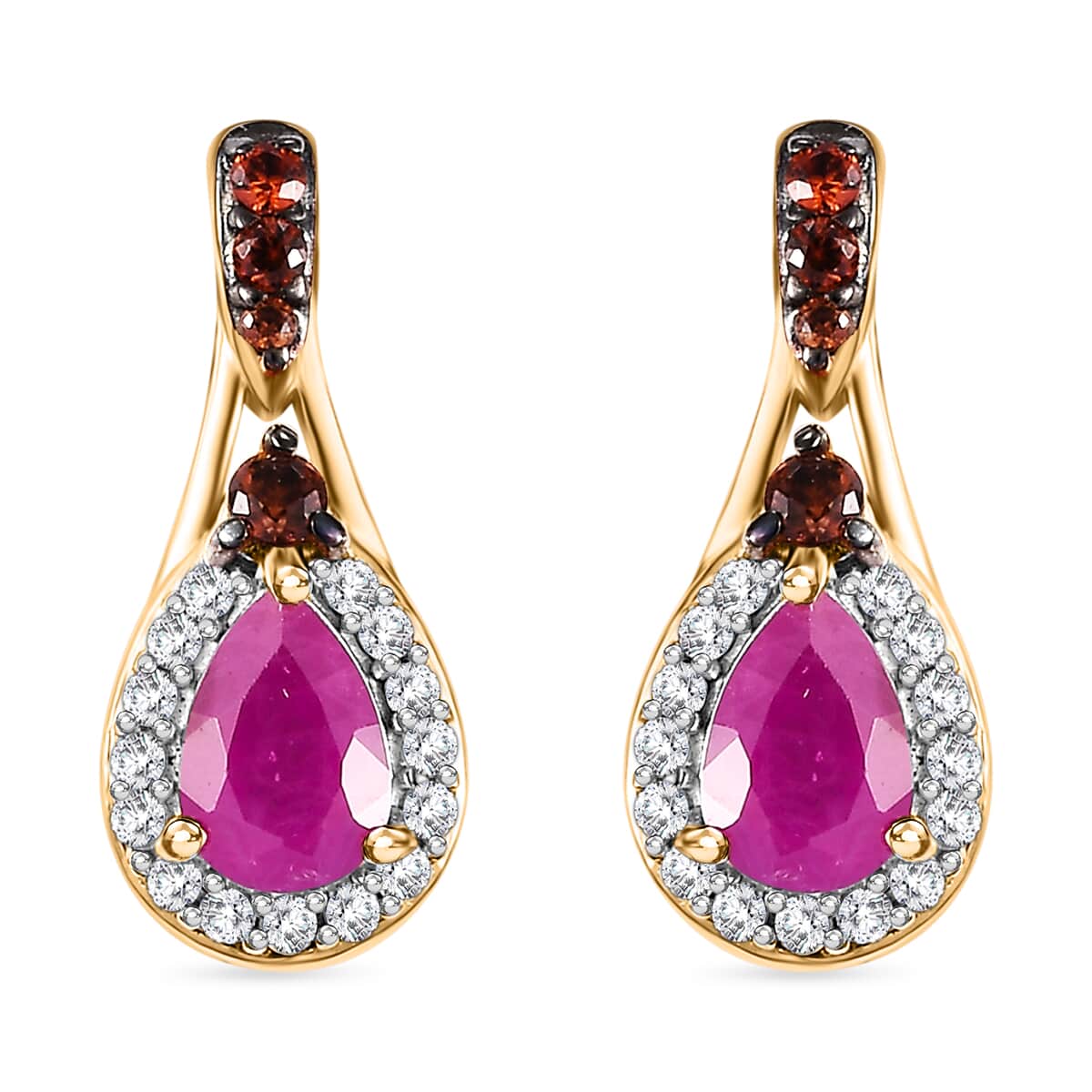 Premium Royal Ruby, Brown and White Zircon 1.60 ctw Autumn Grace Earrings in 18K Vermeil Yellow Gold Over Sterling Silver image number 0