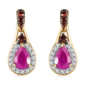 Premium Royal Ruby, Brown and White Zircon 1.60 ctw Autumn Grace Earrings in 18K Vermeil Yellow Gold Over Sterling Silver