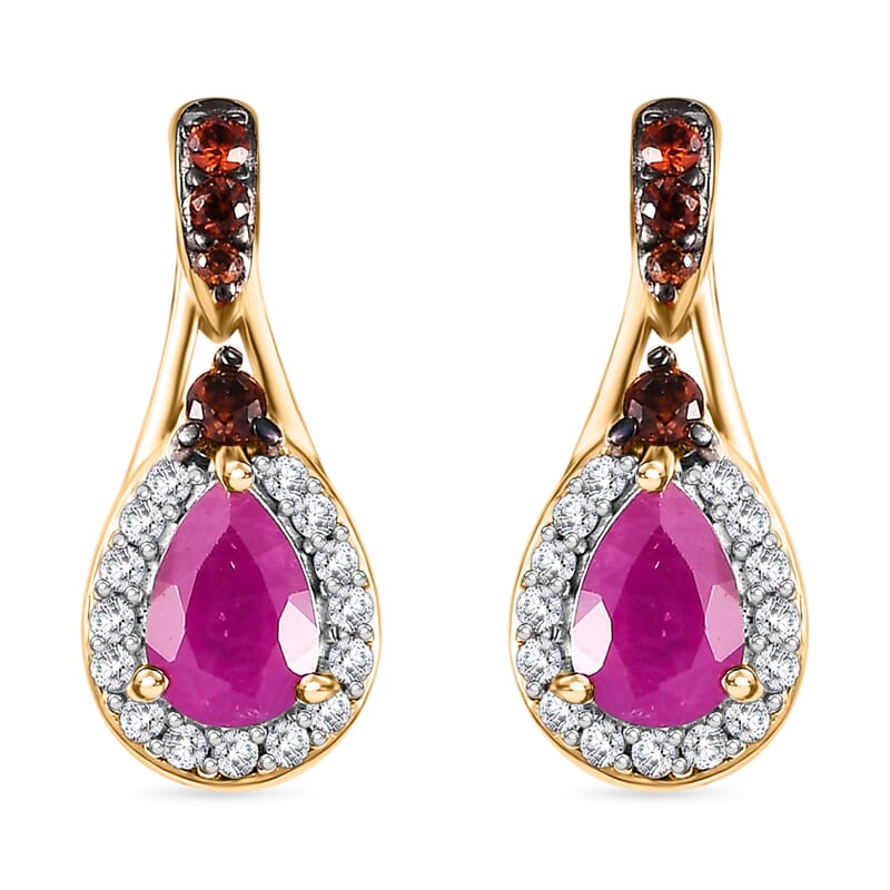 Premium Royal Ruby, Brown and White Zircon 1.60 ctw Autumn Grace Earrings in 18K Vermeil Yellow Gold Over Sterling Silver