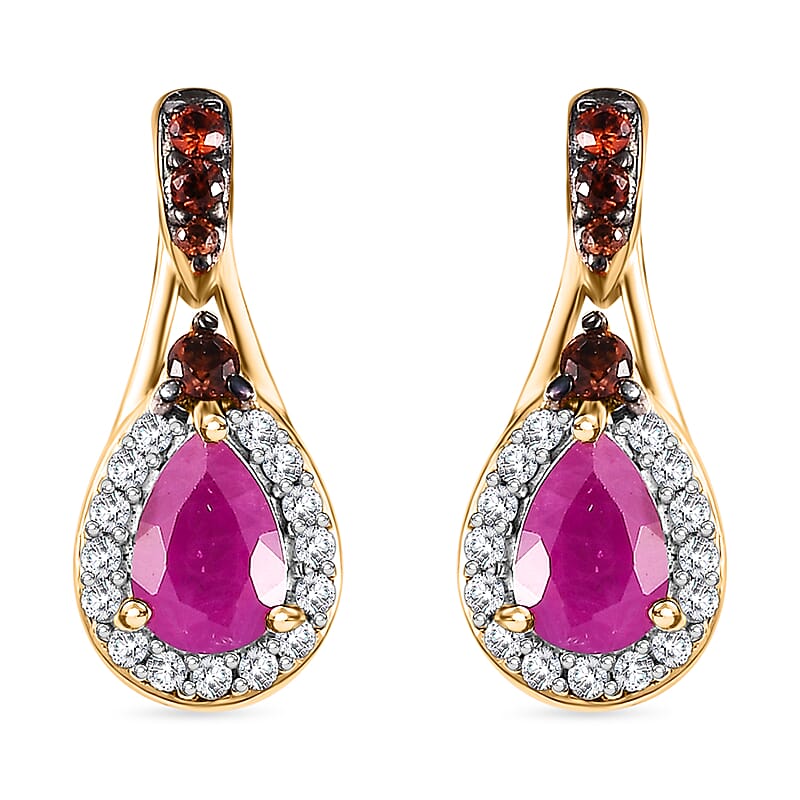 Premium Royal Ruby, Brown and White Zircon 1.60 ctw Autumn Grace Earrings in 18K Vermeil Yellow Gold Over Sterling Silver