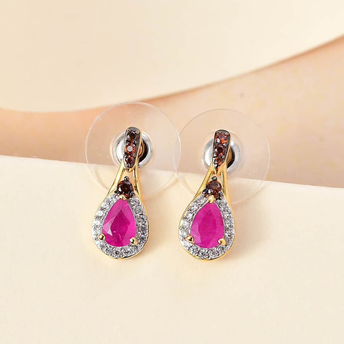 Premium Royal Ruby, Brown and White Zircon 1.60 ctw Autumn Grace Earrings in 18K Vermeil Yellow Gold Over Sterling Silver image number 1