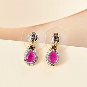 Premium Royal Ruby, Brown and White Zircon 1.60 ctw Autumn Grace Earrings in 18K Vermeil Yellow Gold Over Sterling Silver