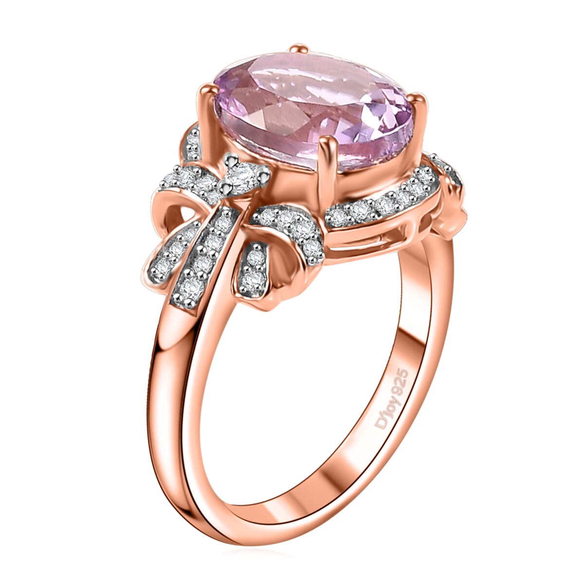 Martha Rocha Kunzite and Moissanite 4.50 ctw Love Knot Ring in 18K Vermeil Rose Gold Over Sterling Silver (Size 9.0) image number 3