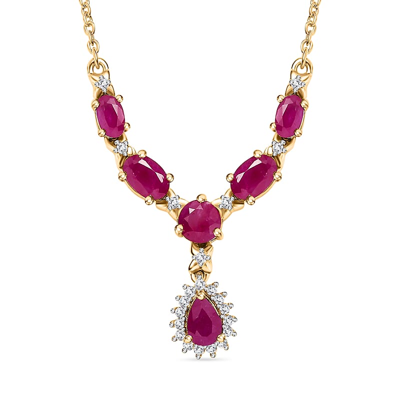 D'Joy Premium Royal Ruby and White Zircon 3.50 ctw Floral Necklace in 18K Vermeil Yellow Gold Over Sterling Silver 18-20 Inches