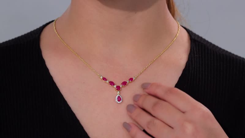 D'Joy Premium Royal Ruby and White Zircon 3.50 ctw Floral Necklace in 18K Vermeil Yellow Gold Over Sterling Silver 18-20 Inches