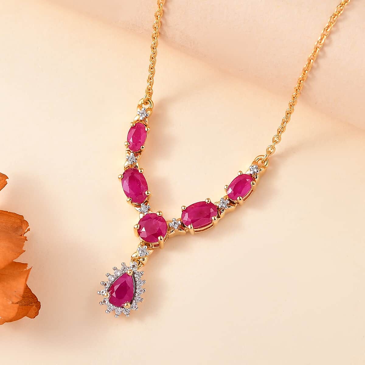 Premium Royal Ruby and White Zircon 3.50 ctw Floral Necklace in 18K Vermeil Yellow Gold Over Sterling Silver 18-20 Inches image number 1