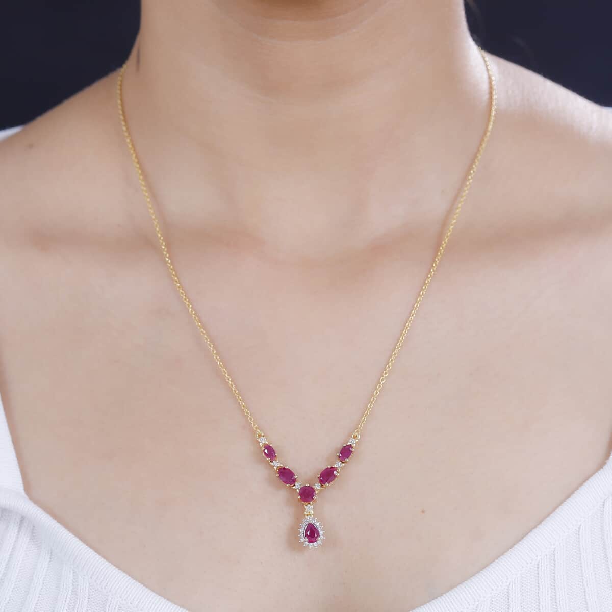 Premium Royal Ruby and White Zircon 3.50 ctw Floral Necklace in 18K Vermeil Yellow Gold Over Sterling Silver 18-20 Inches image number 2