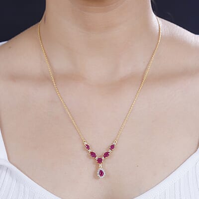 D'Joy Premium Royal Ruby and White Zircon 3.50 ctw Floral Necklace in 18K Vermeil Yellow Gold Over Sterling Silver 18-20 Inches