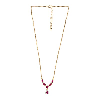 D'Joy Premium Royal Ruby and White Zircon 3.50 ctw Floral Necklace in 18K Vermeil Yellow Gold Over Sterling Silver 18-20 Inches