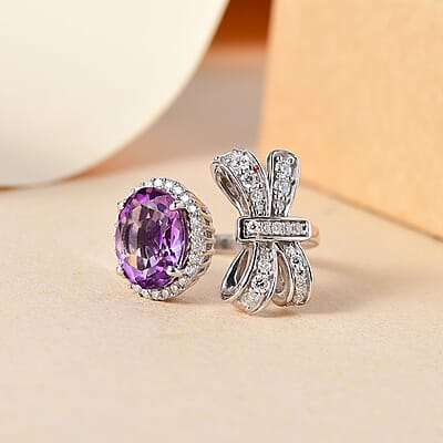 Moroccan Rose and Moissanite 3.90 ctw Love Bow Ring in Rhodium Over Sterling Silver (Size 10.0)