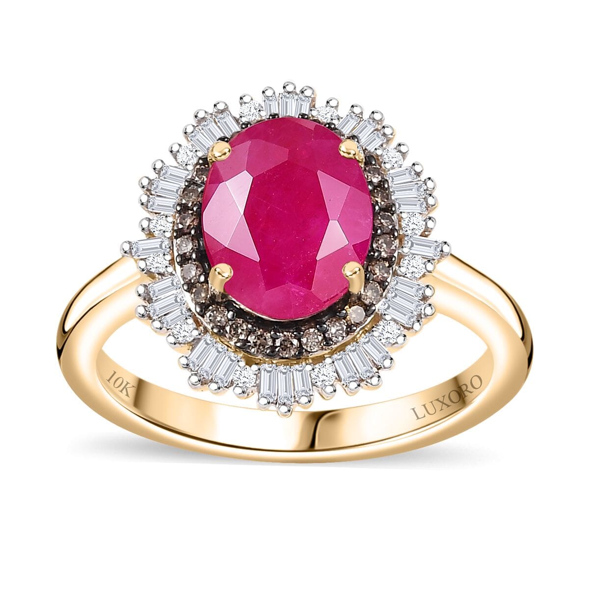 Certified & Appraised Luxoro AAA Royal Ruby, G-H I2 Natural Champagne and White Diamond 3.06 ctw Sunlit Rose Ring in 10K Yellow Gold (Size 7.0) image number 0