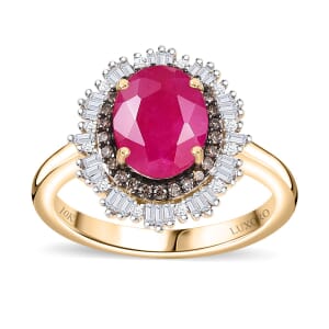 Certified & Appraised Luxoro AAA Royal Ruby, G-H I2 Natural Champagne and White Diamond 3.06 ctw Sunlit Rose Ring in 10K Yellow Gold (Size 7.0)