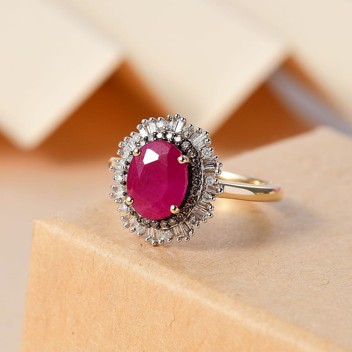 Certified & Appraised Luxoro AAA Royal Ruby, G-H I2 Natural Champagne and White Diamond 3.06 ctw Sunlit Rose Ring in 10K Yellow Gold (Size 7.0) image number 1