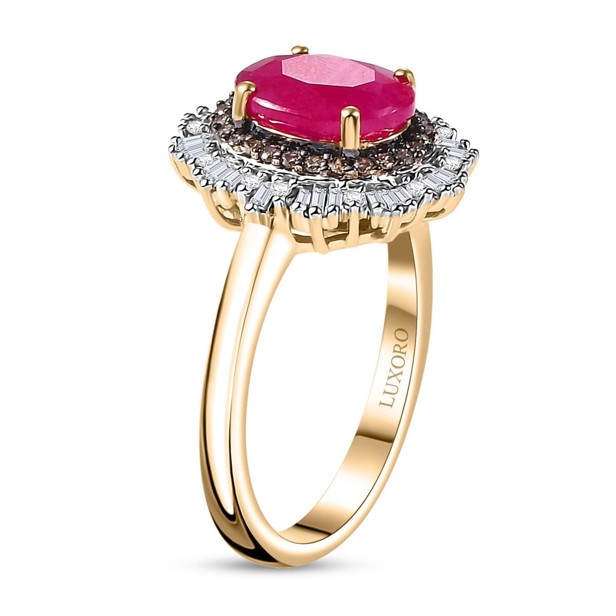 Certified & Appraised Luxoro AAA Royal Ruby, G-H I2 Natural Champagne and White Diamond 3.06 ctw Sunlit Rose Ring in 10K Yellow Gold (Size 7.0) image number 3